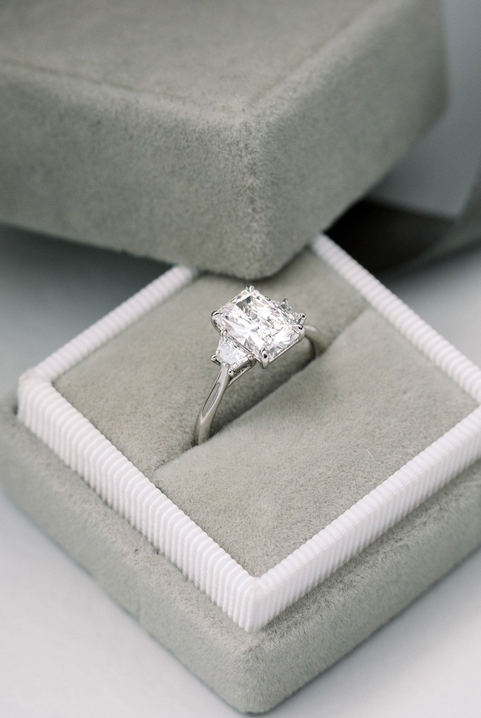 2.50CT Cathedral Set Radiant Moissanite Diamond Thre Stone Engagement Ring In 18K White Gold