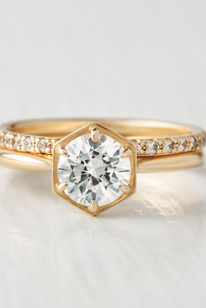 1.0CT Round Hexagon Shape Moissanite Diamond Solitaire Engagement Ring