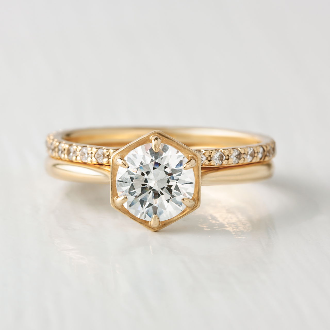 1.0CT Round Hexagon Shape Moissanite Diamond Solitaire Engagement Ring