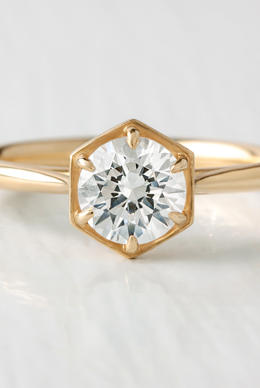 1.0CT Round Hexagon Shape Moissanite Diamond Solitaire Engagement Ring