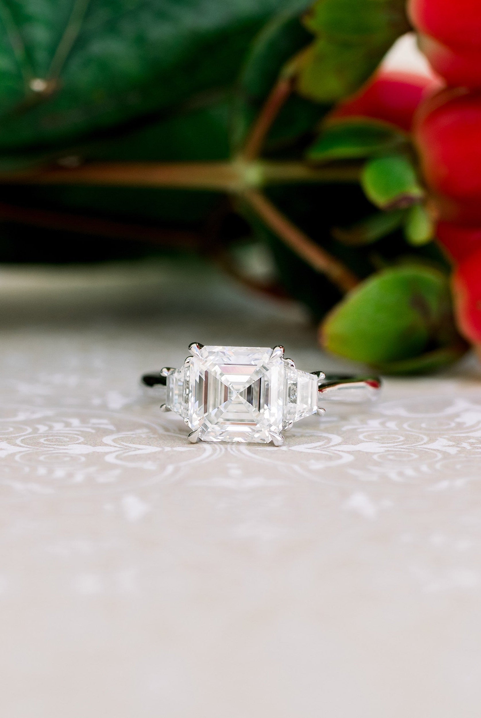 2.0CT Asscher Three Stone Moissanite Diamond Solitaire Engagement Ring