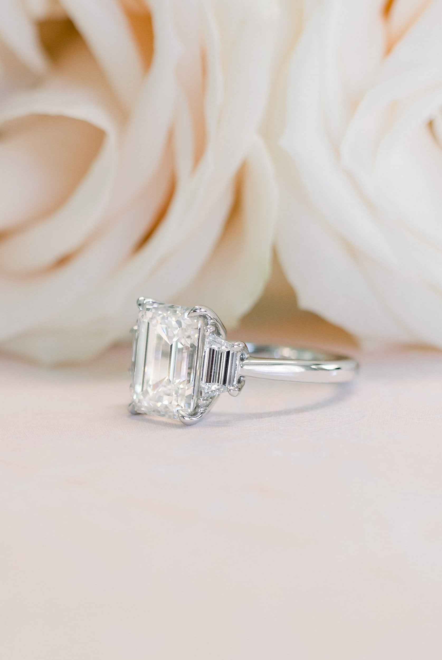 2.75CT Emerald Cut Three Stone Moissanite Diamond Cathedral Set Engagement Ring For Women