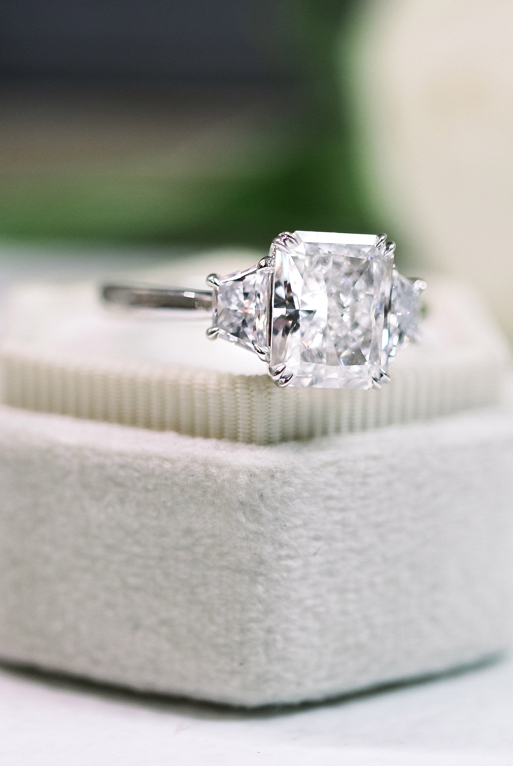 2.50CT Cathedral Set Radiant Moissanite Diamond Thre Stone Engagement Ring In 18K White Gold
