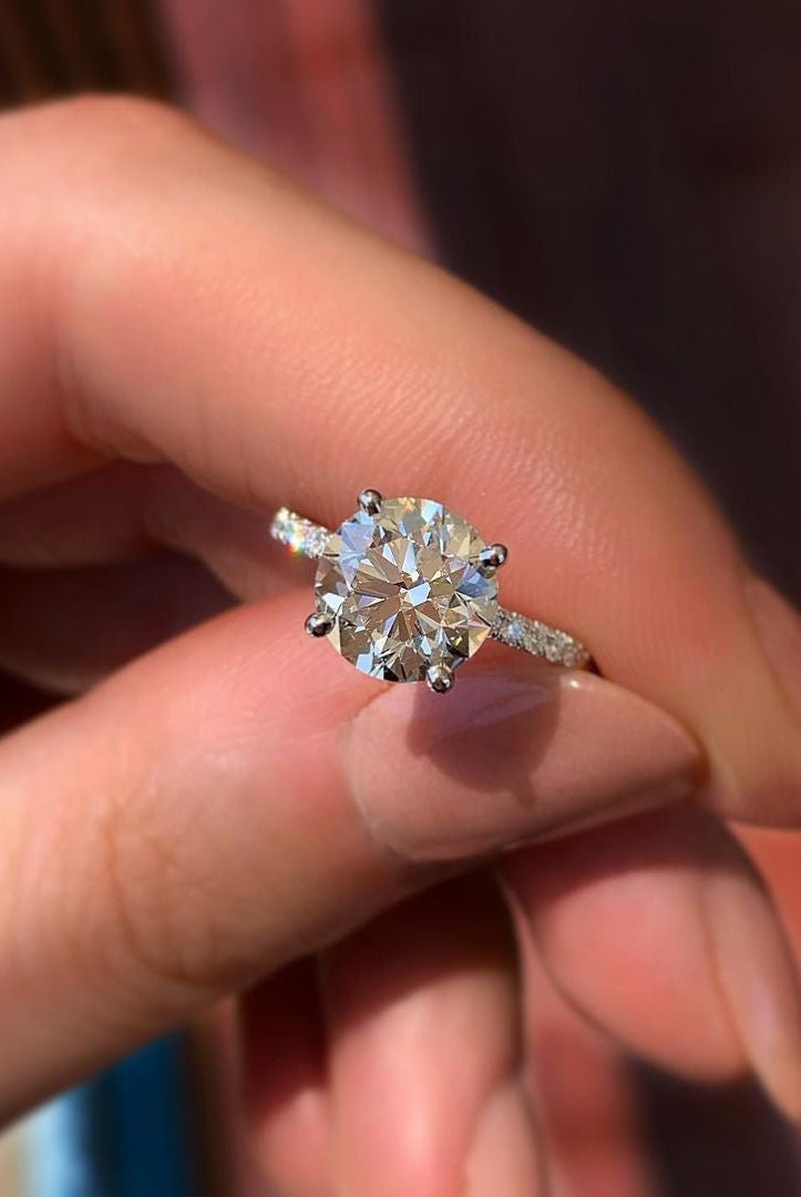 1.50CT Round Four Prong Moissanite Diamond Pave Engagement Ring