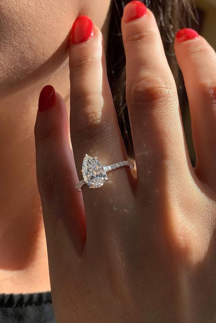 2.10CT Pear Hidden Halo Moissanite Diamond Pave Engagement Ring