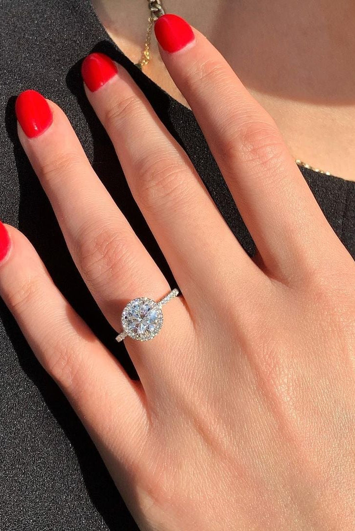 1.0CT Round Pave Moissanite Diamond Halo Engagement Ring In Solid Gold