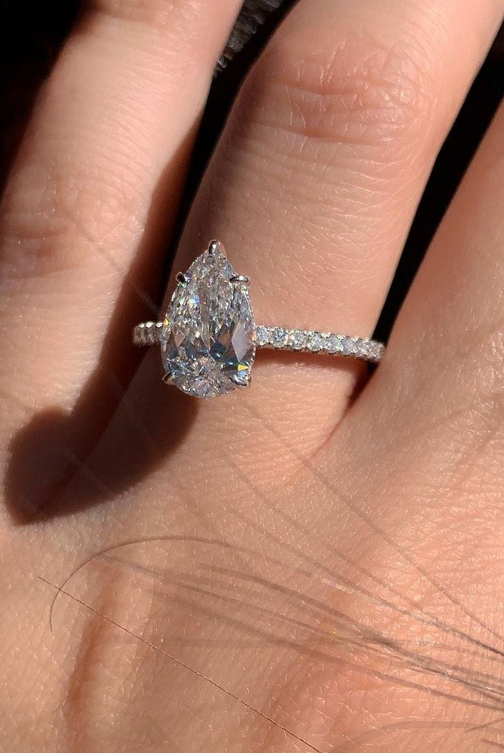 1.50CT Pear Hidden Halo Moissanite Diamond Five Prong Engagement Ring
