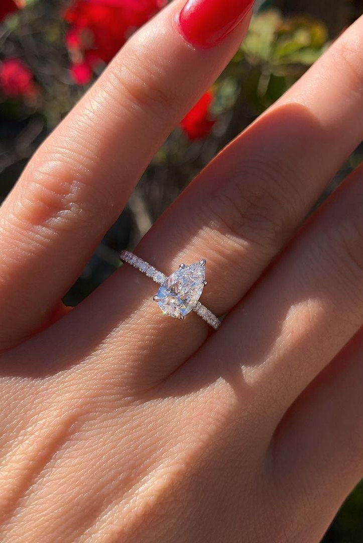 2.10CT Pear Hidden Halo Moissanite Diamond Pave Engagement Ring