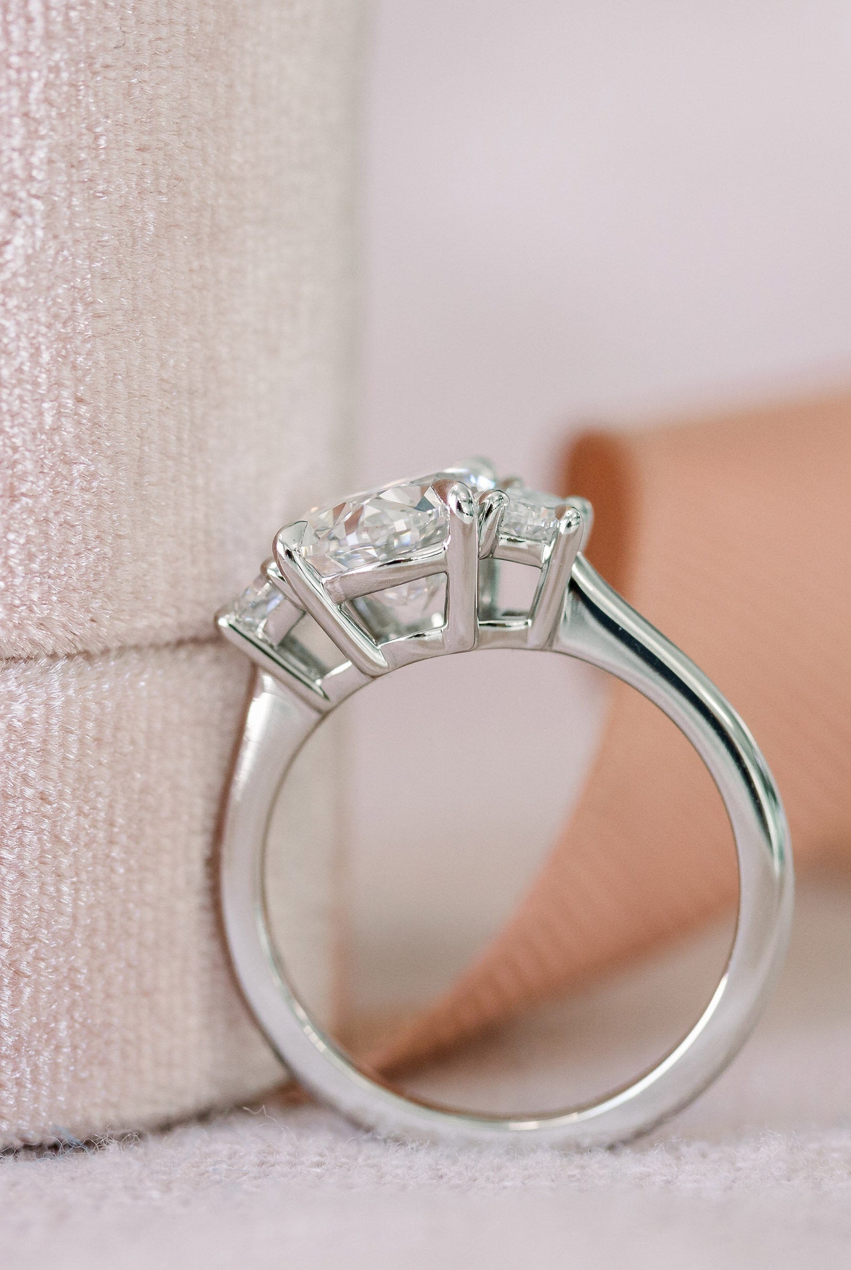 2.25CT Cathedral Set Oval Moissanite Diamond Three Stone Engagement Ring In 18K Solid Gold
