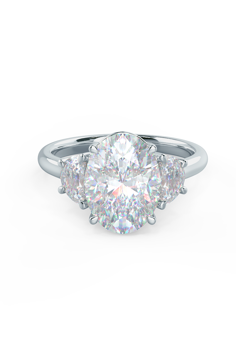 2.25CT Cathedral Set Oval Moissanite Diamond Three Stone Engagement Ring In 18K Solid Gold