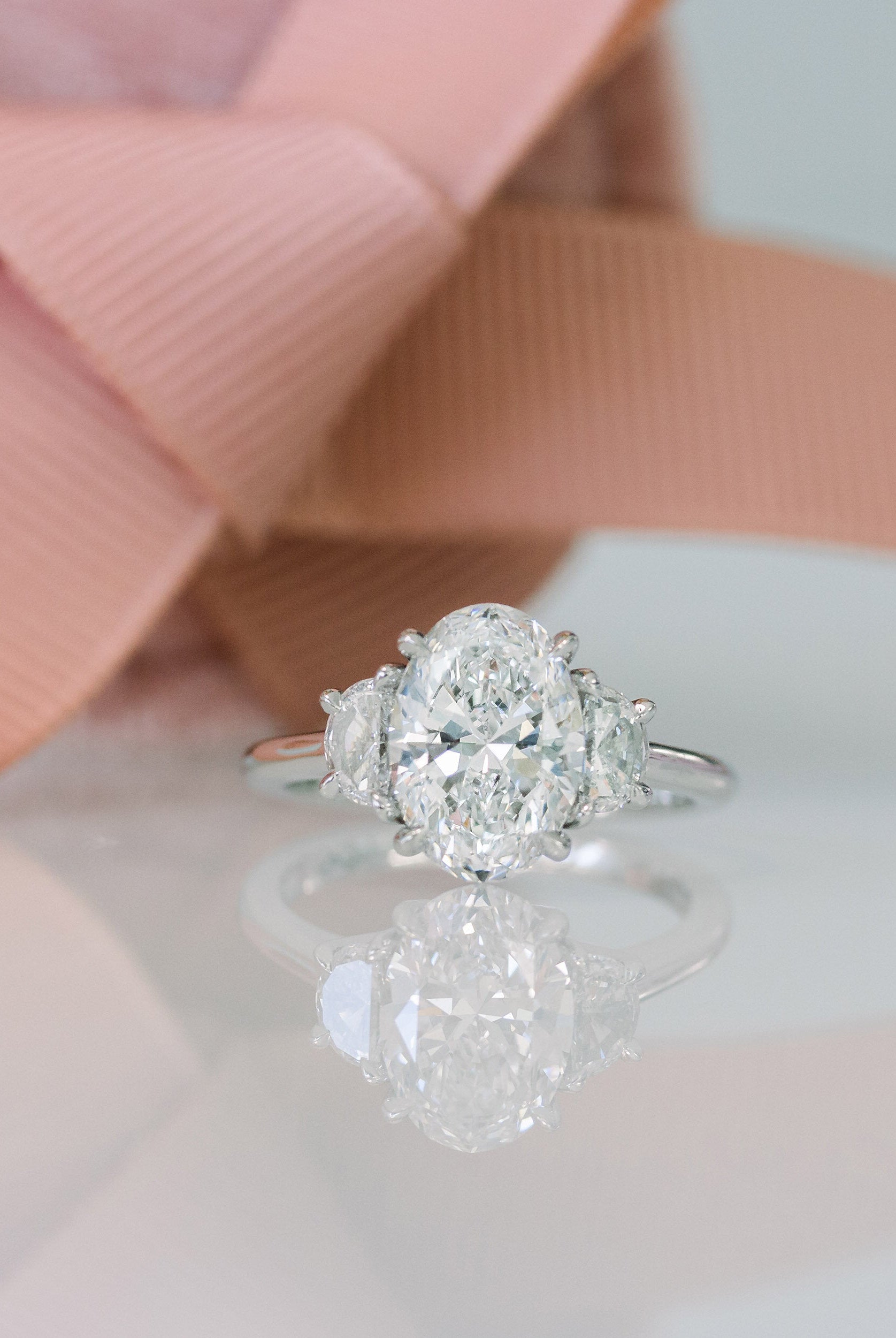 2.25CT Cathedral Set Oval Moissanite Diamond Three Stone Engagement Ring In 18K Solid Gold