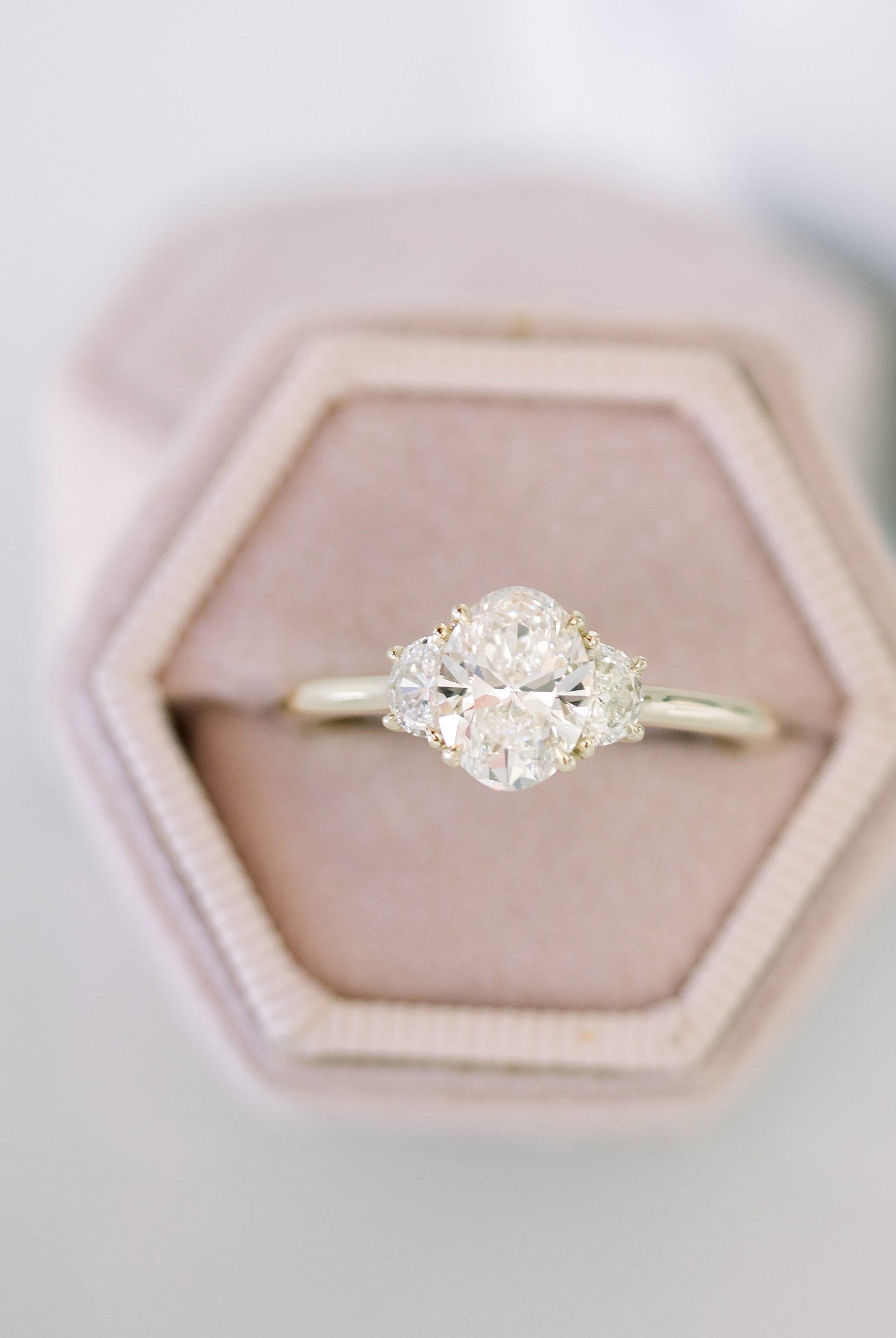 2.25CT Cathedral Set Oval Moissanite Diamond Three Stone Engagement Ring In 18K Solid Gold