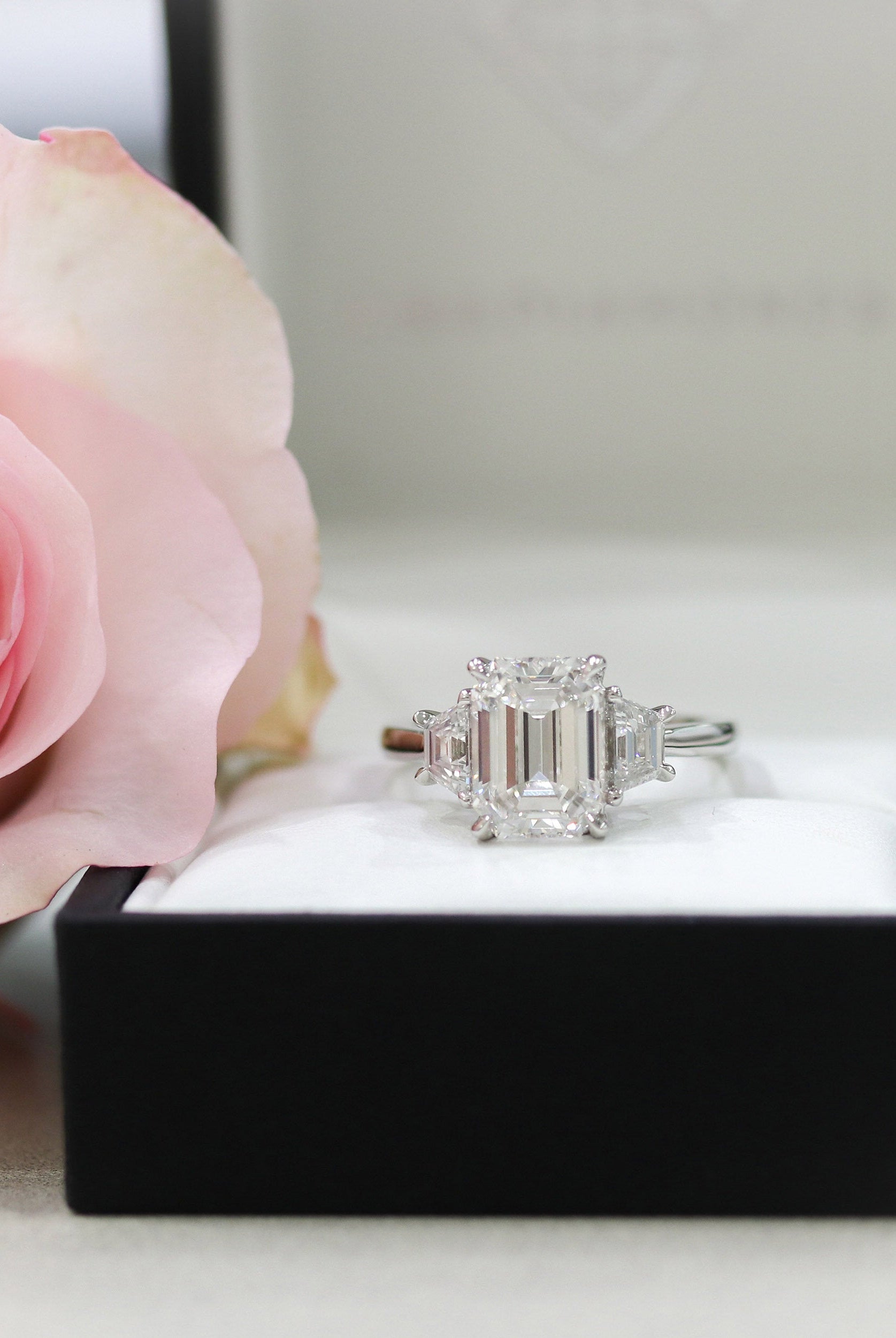 2.75CT Emerald Cut Three Stone Moissanite Diamond Cathedral Set Engagement Ring For Women