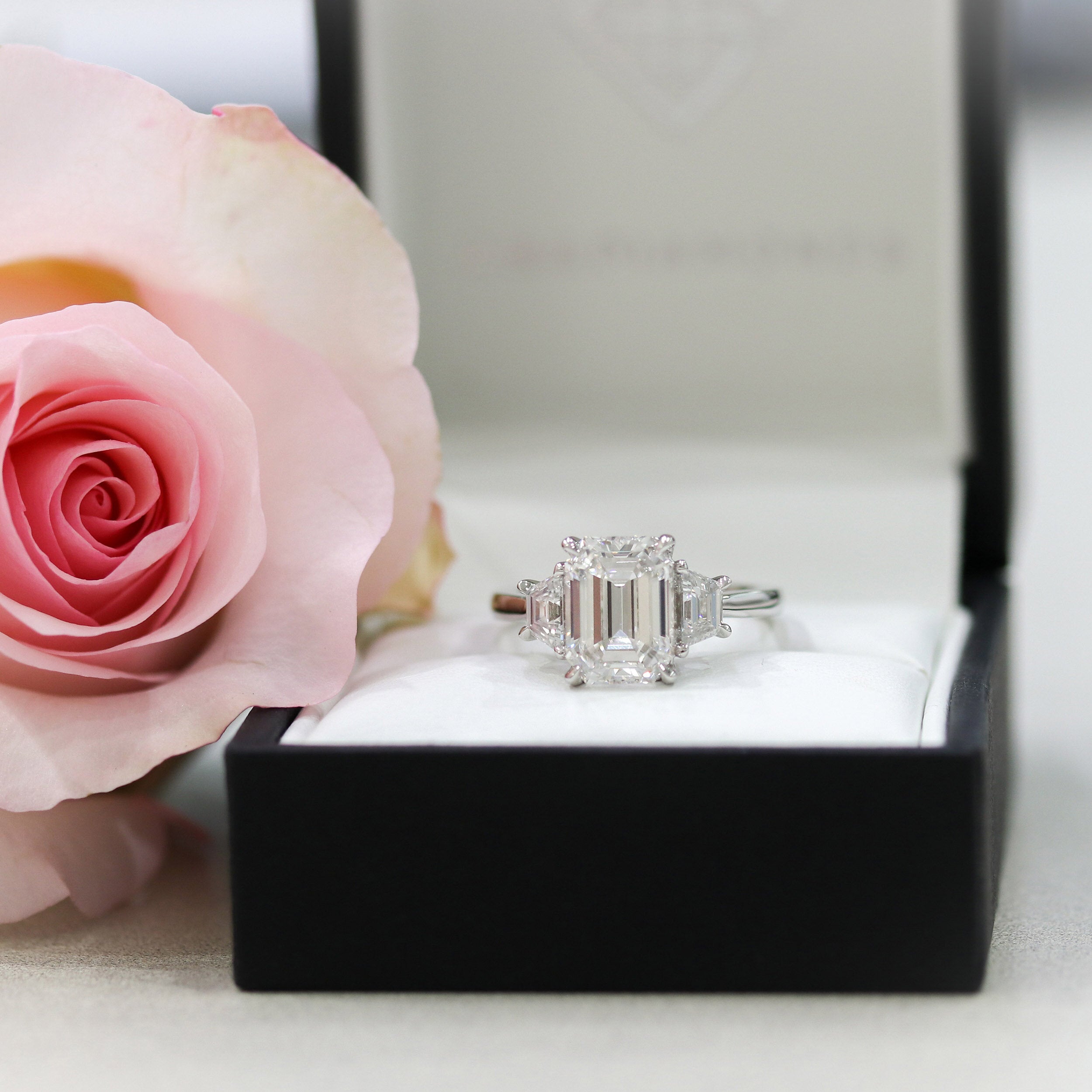 2.75CT Emerald Cut Three Stone Moissanite Diamond Cathedral Set Engagement Ring For Women