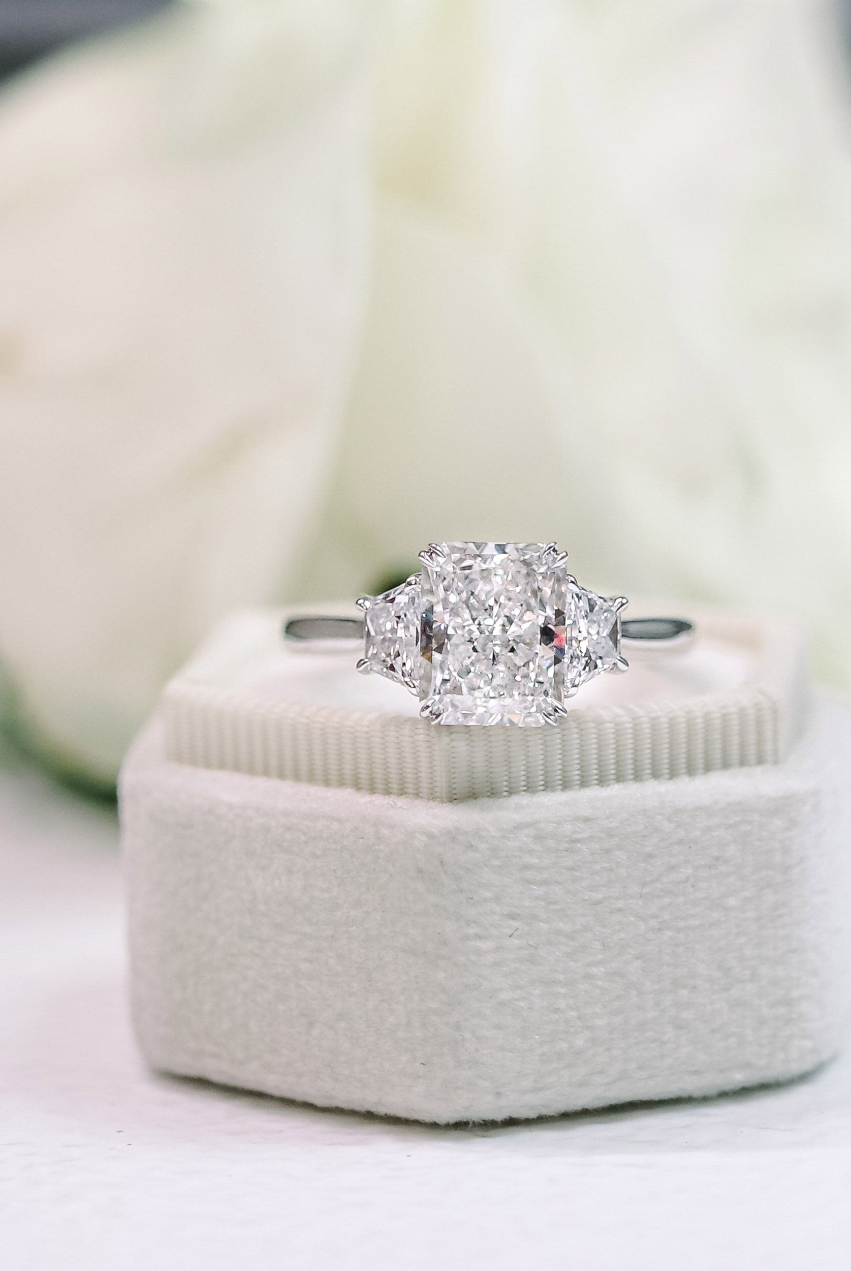 2.50CT Cathedral Set Radiant Moissanite Diamond Thre Stone Engagement Ring In 18K White Gold