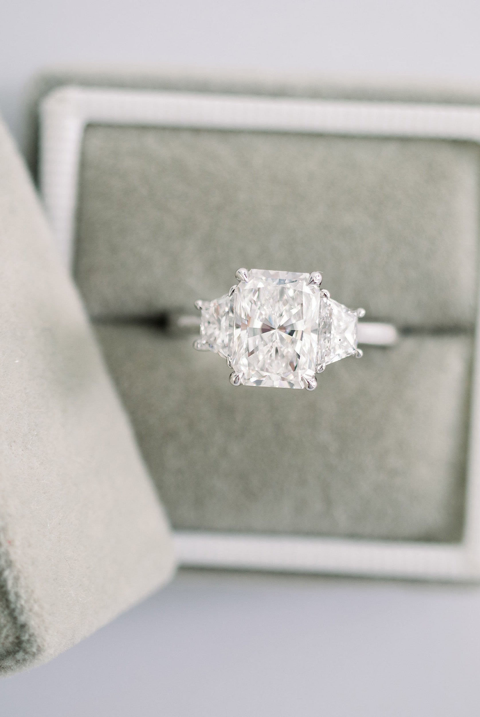 2.50CT Cathedral Set Radiant Moissanite Diamond Thre Stone Engagement Ring In 18K White Gold