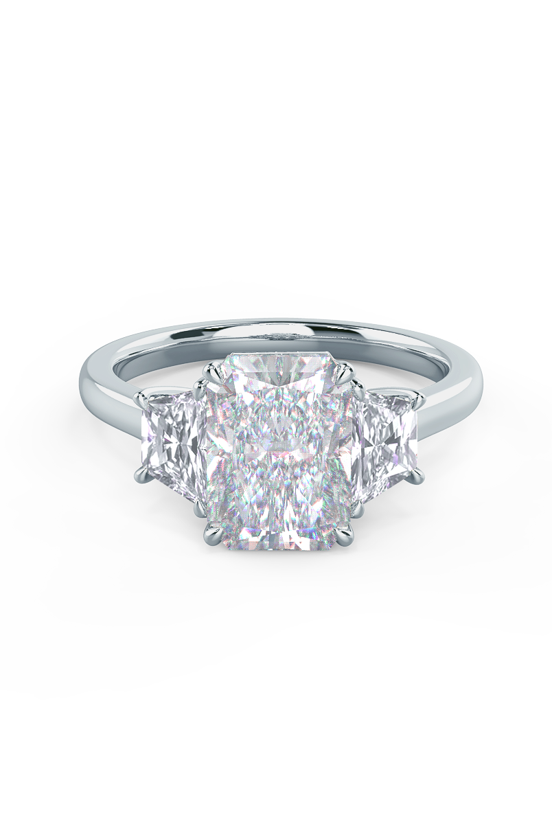 2.50CT Cathedral Set Radiant Moissanite Diamond Thre Stone Engagement Ring In 18K White Gold