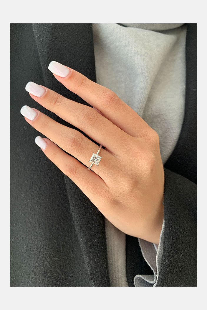 1.0ct Princess Cut Hidden Halo Moissanite Diamond Solitaire Engagement Ring