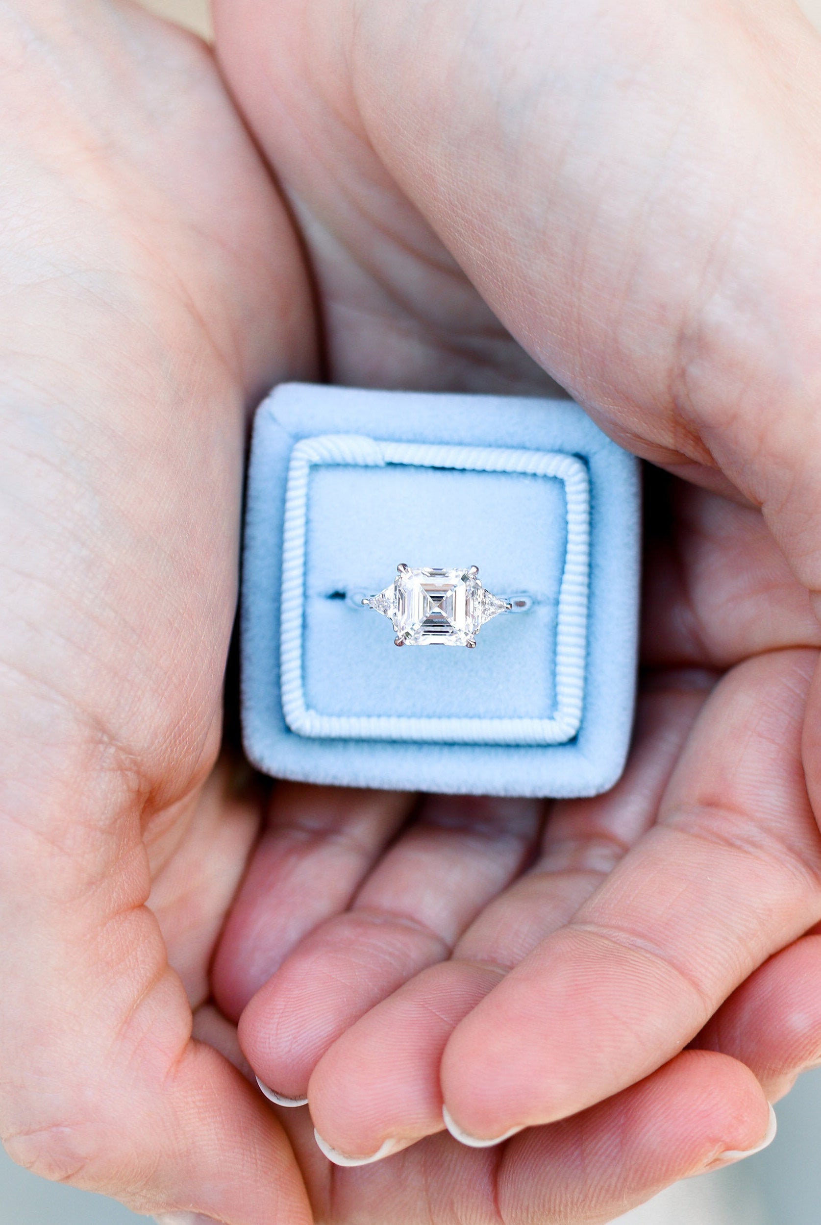 2.0CT Cathedral Set Asscher Moissanite Diamond Three Stone Engagement Ring