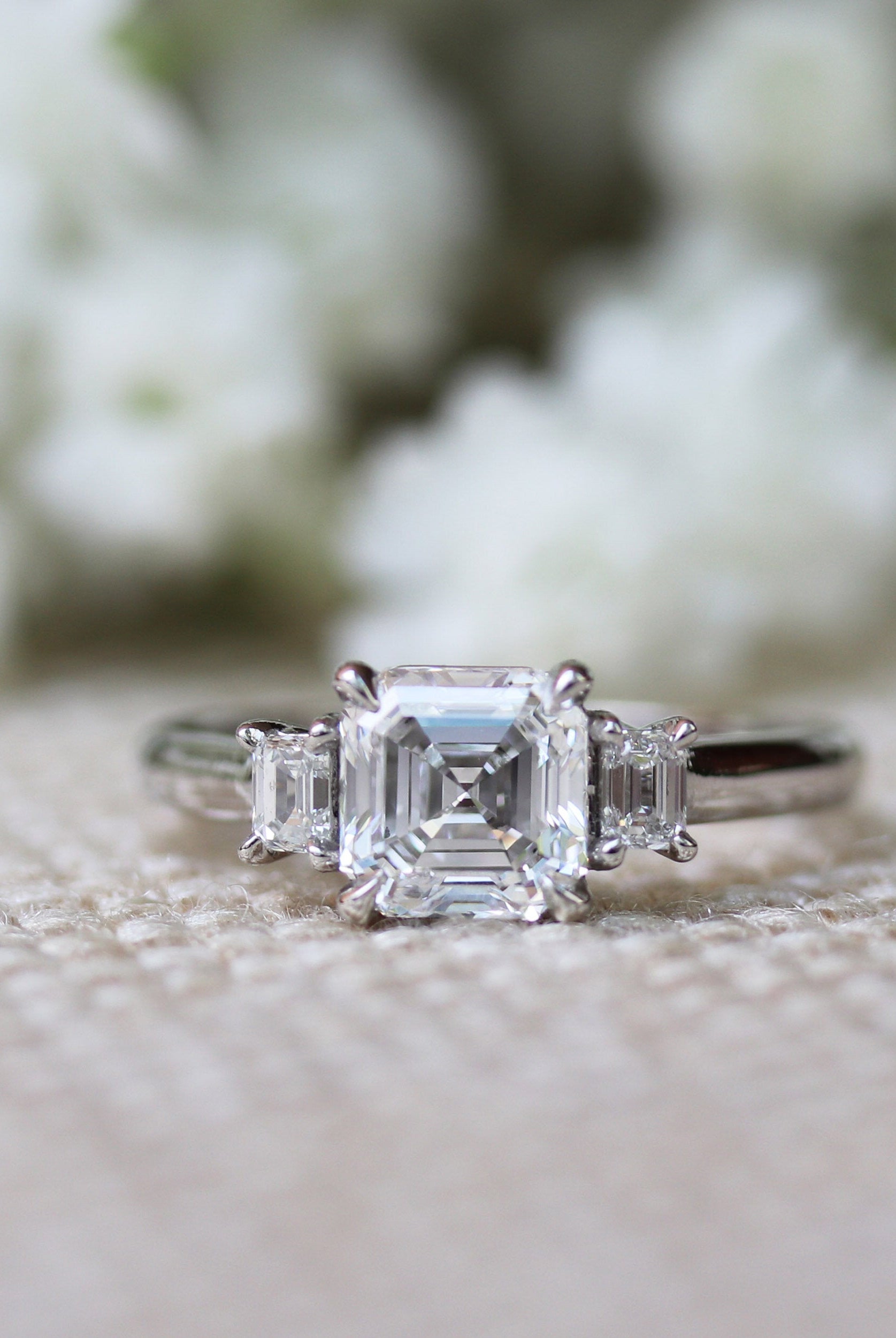 1.0CT Asscher Three Stone Moissanite Diamond Solitaire Engagement Ring