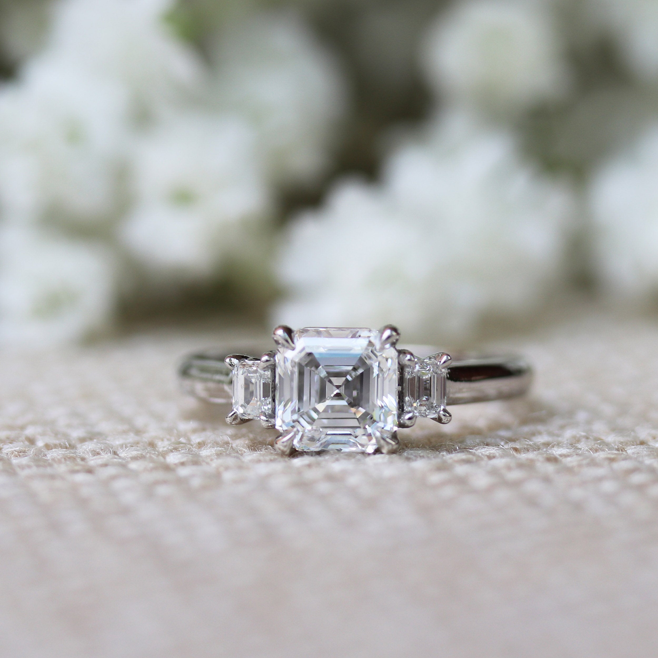 1.0CT Asscher Three Stone Moissanite Diamond Solitaire Engagement Ring