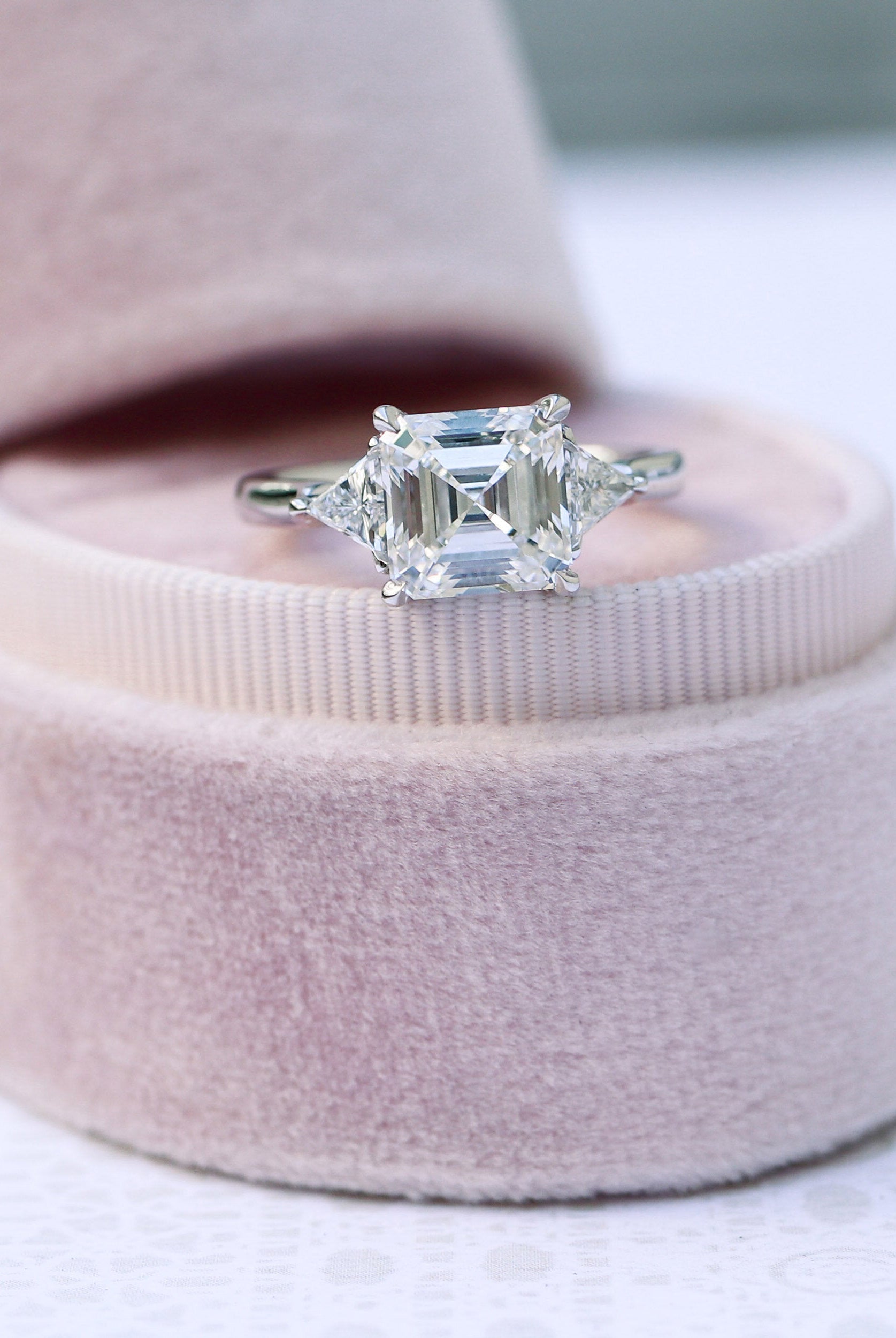 2.0CT Cathedral Set Asscher Moissanite Diamond Three Stone Engagement Ring