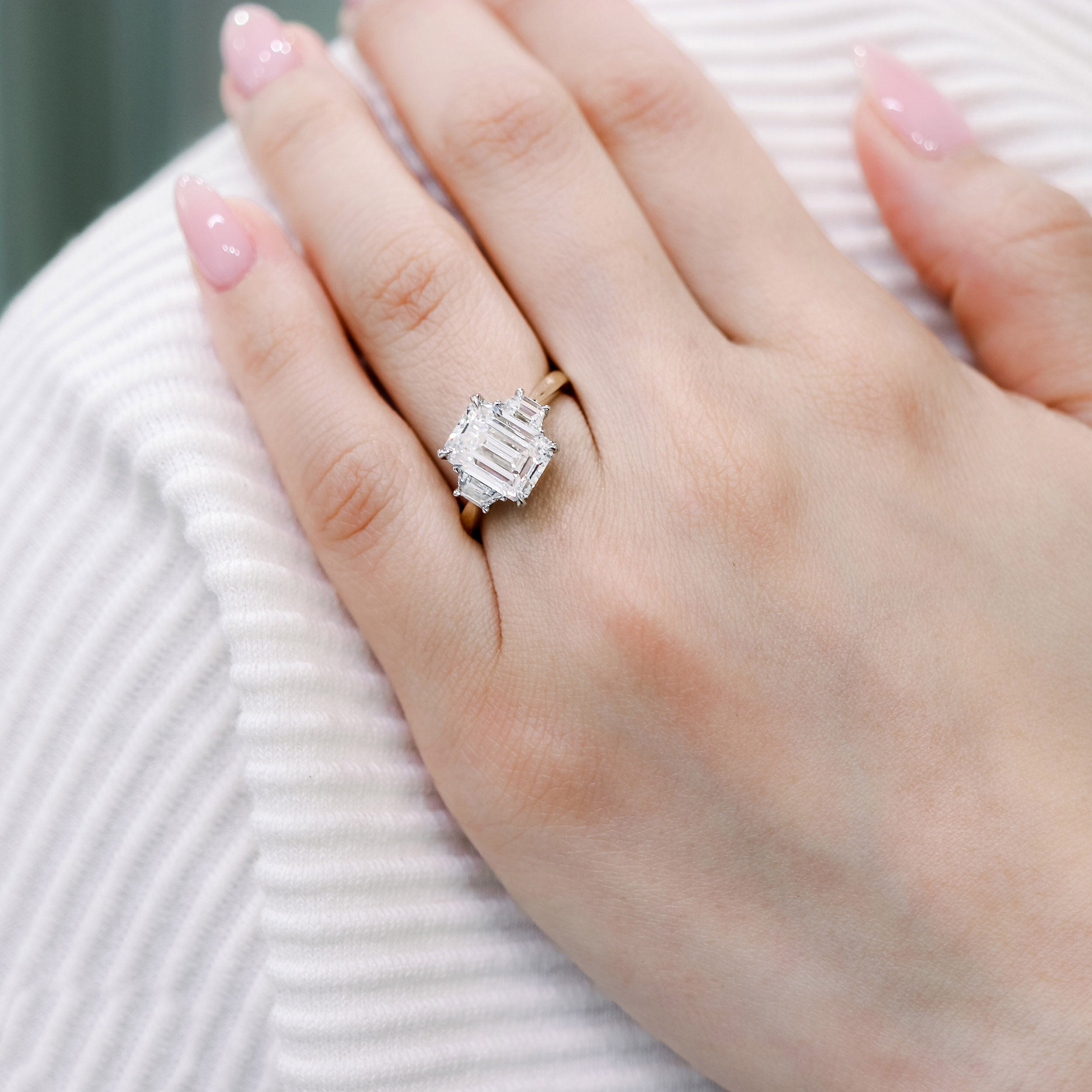 2.75CT Emerald Cut Three Stone Moissanite Diamond Cathedral Set Engagement Ring For Women