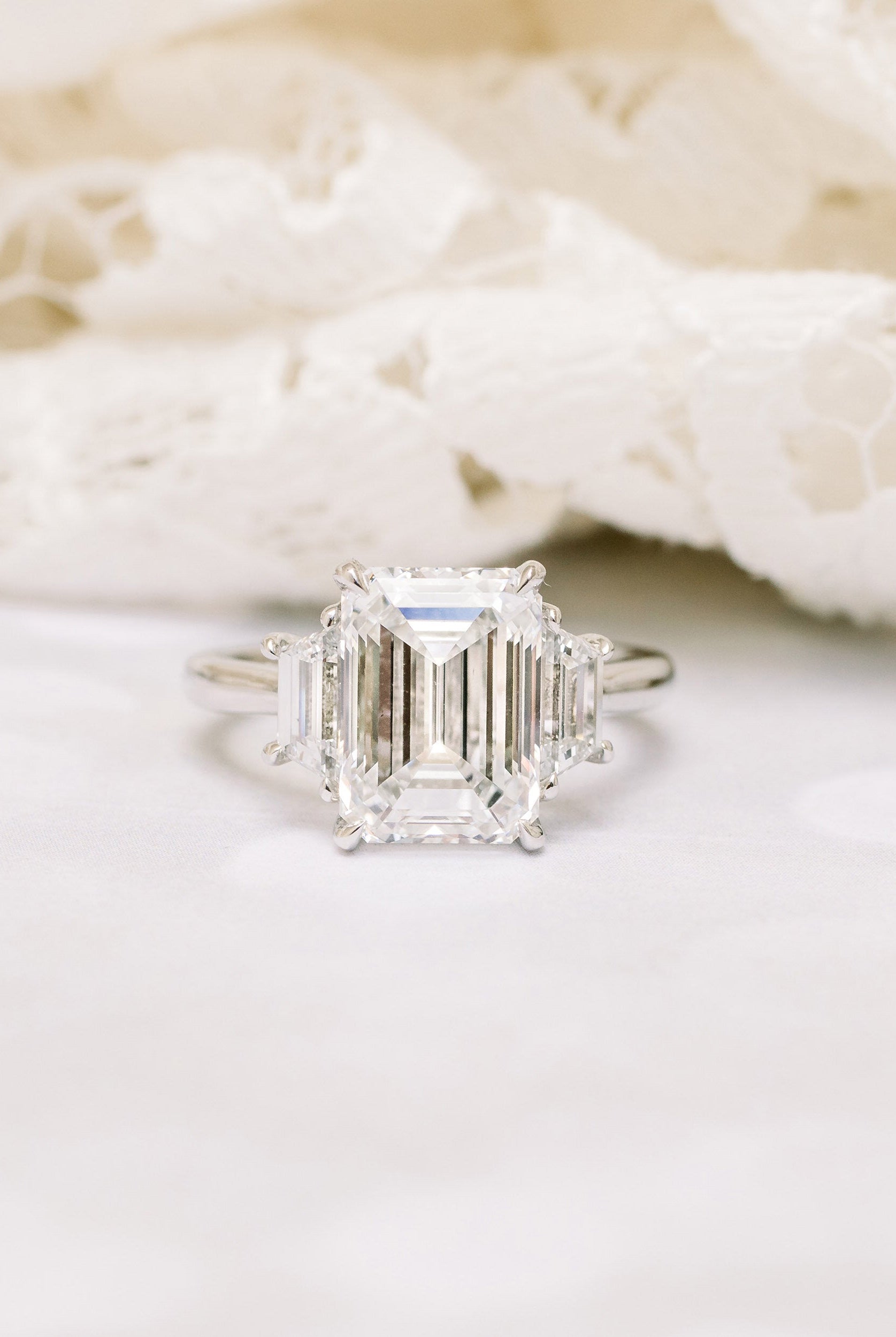 2.75CT Emerald Cut Three Stone Moissanite Diamond Cathedral Set Engagement Ring For Women
