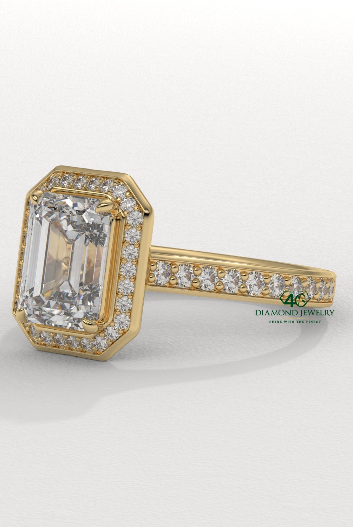 rose gold emerald engagement ring, vintage emerald cut ring, emerald cut halo diamond ring
