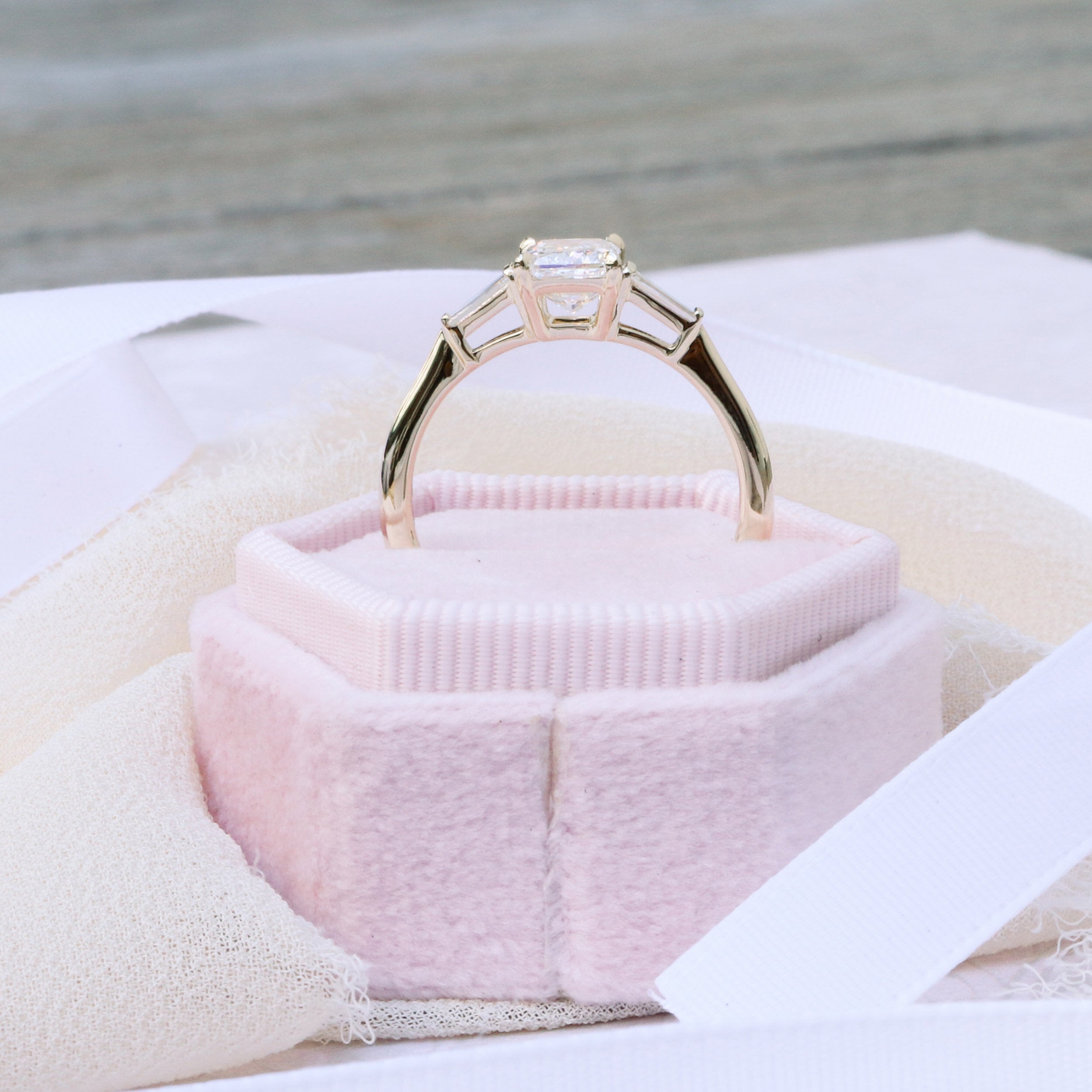 2.50CT Radiant Three Stone Moissanite Diamond Cathedral Set Engagement Ring