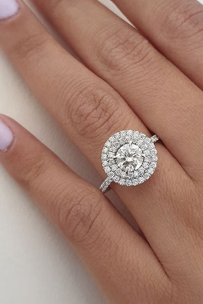 1.0ct Round Double Halo Moissanite Diamond Pave Engagement Ring For Women