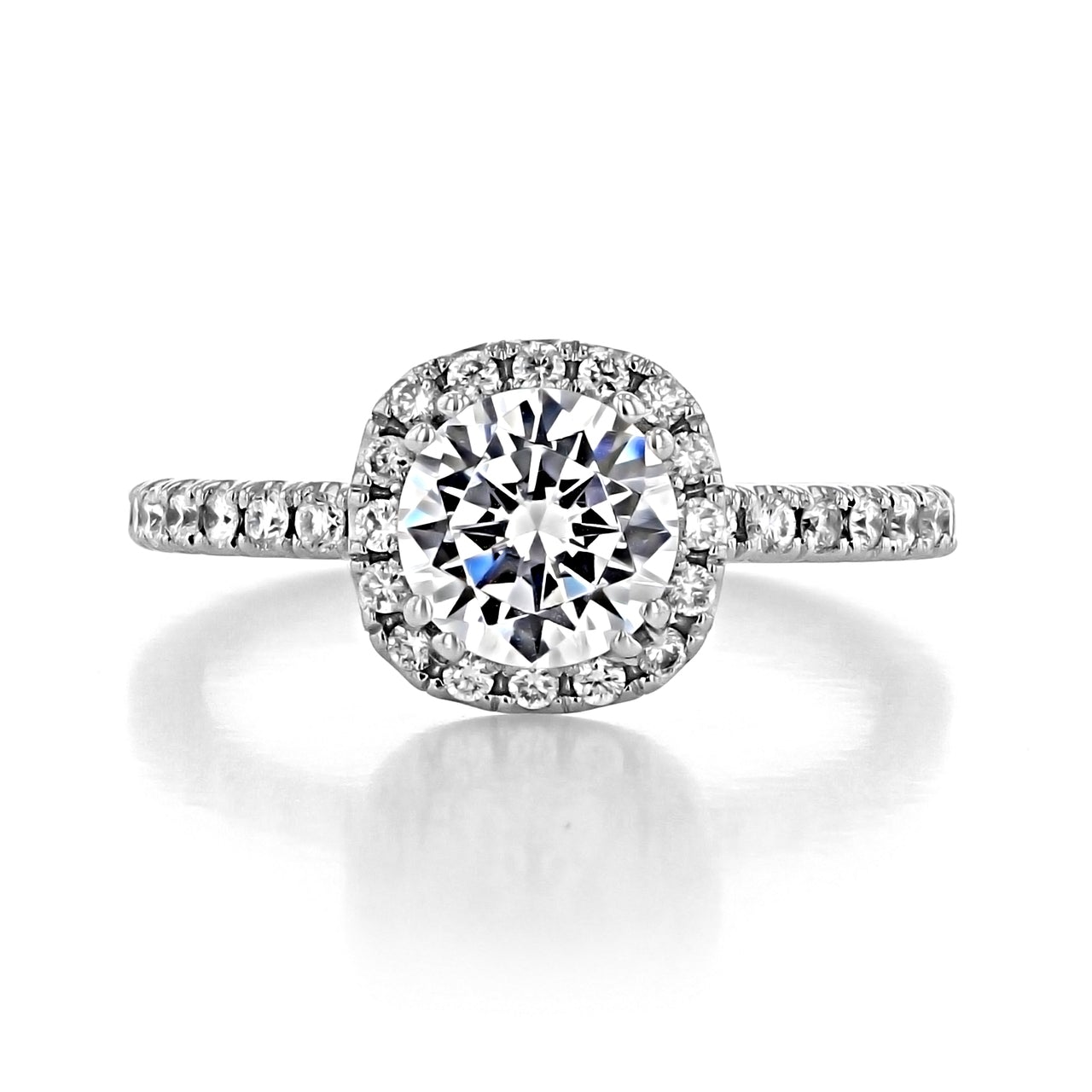 1.0ct Round Halo Moissanite Diamond Four Prong Engagement Ring