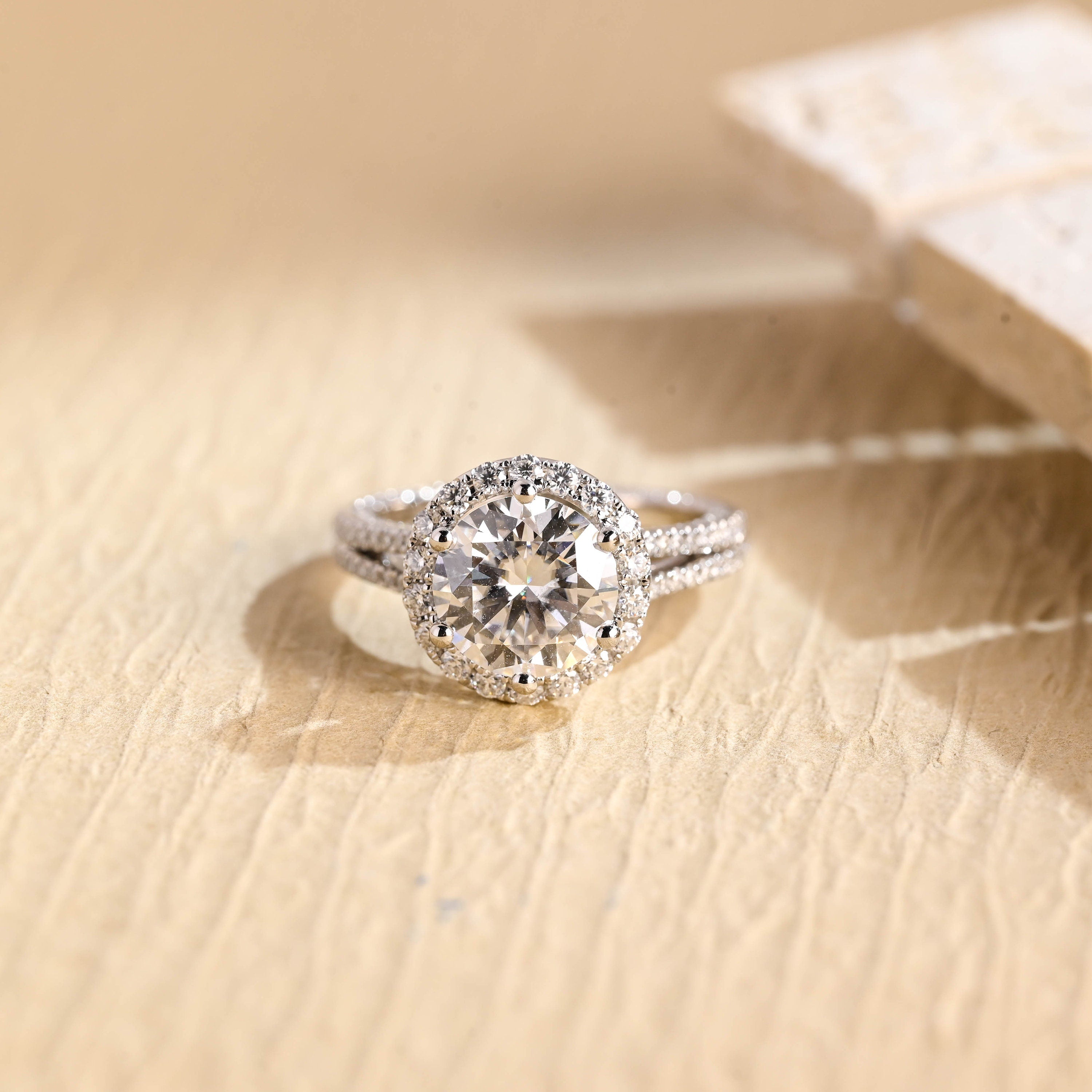 Buy Round Diamond Split Shank Halo Moissanite Ring