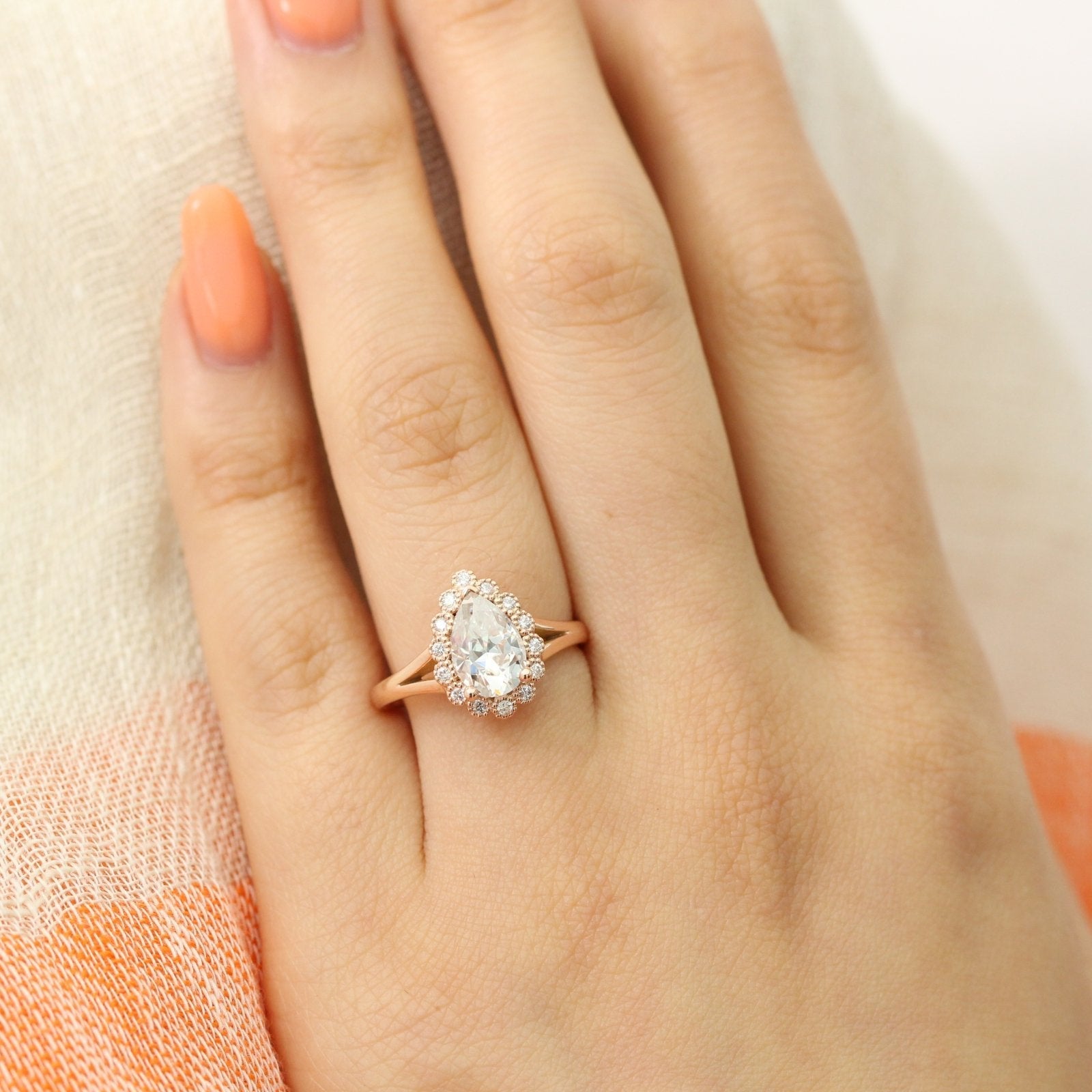 Pear Cut Moissanite Halo Ring