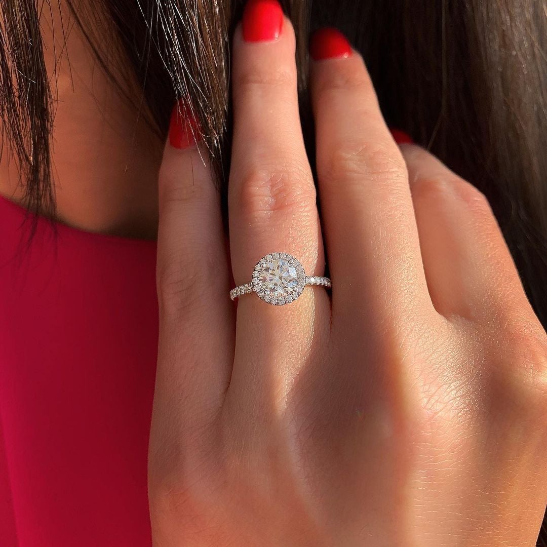 1.0CT Round Pave Moissanite Diamond Halo Engagement Ring In Solid Gold