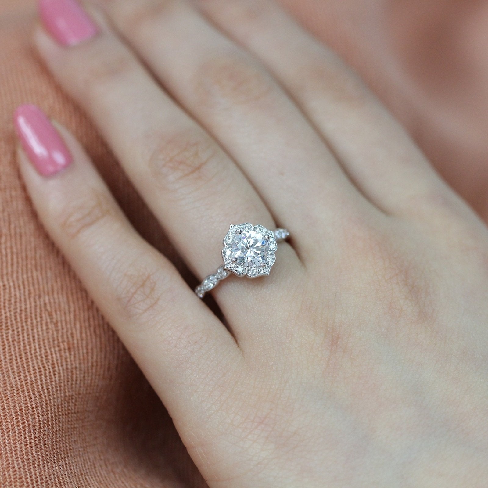 1.0CT Cushion Vintage Pave Moissanite Diamond Engagement Ring For Women