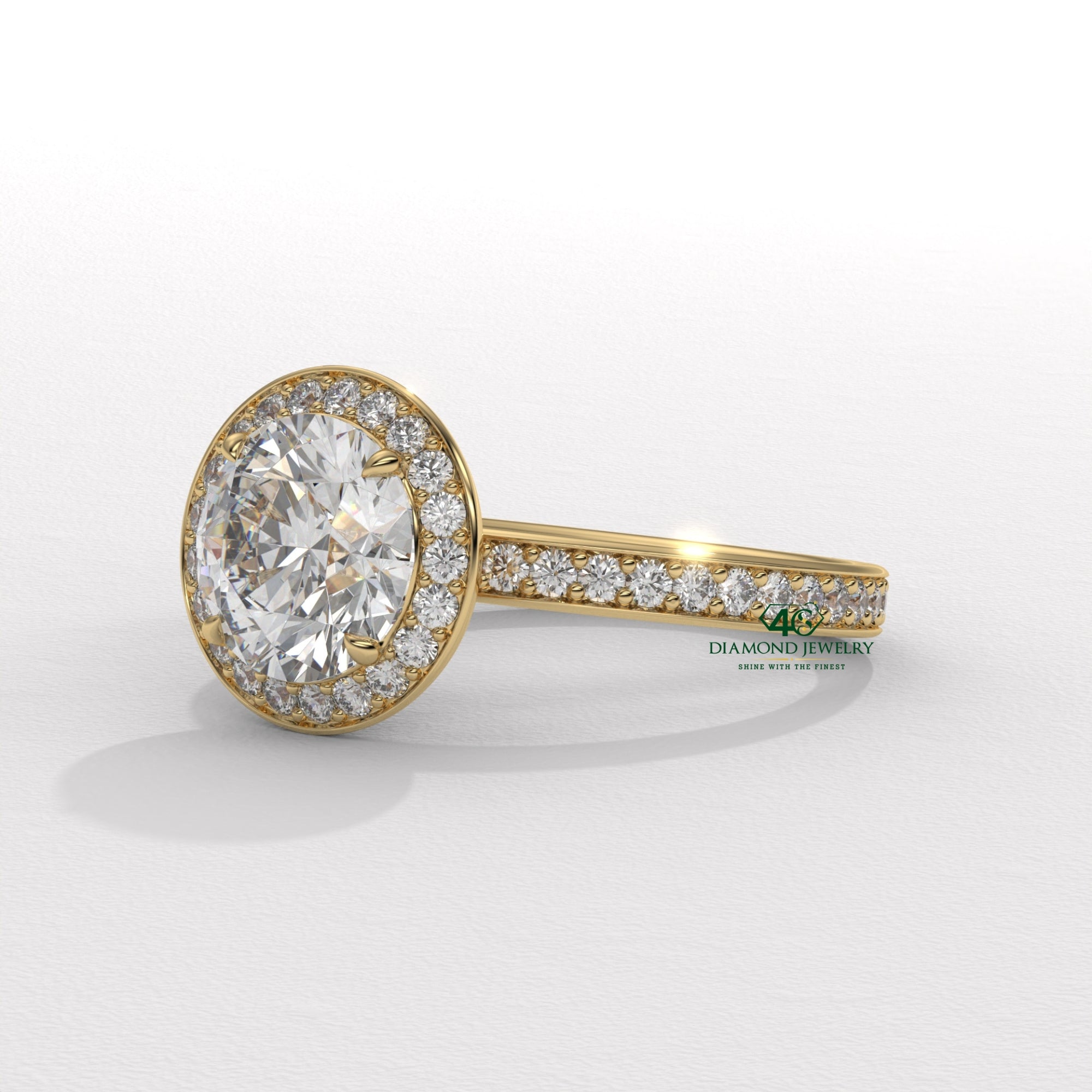 classic round diamond ring, vintage round cut ring, round cut halo engagement ring, round diamond ring setting, round cut pave setting ring, 18k gold engagement ring, elegant round diamond ring, round diamond prong setting