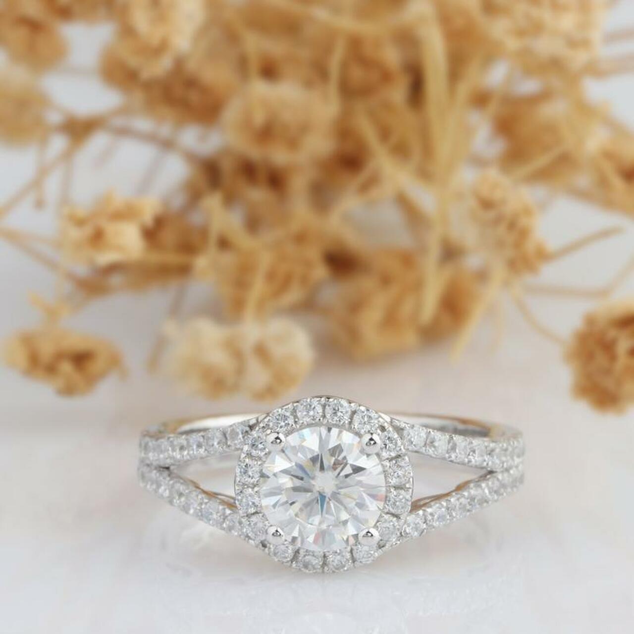 1.0CT Round Split Shank Moissanite Diamond Halo Engagement Ring