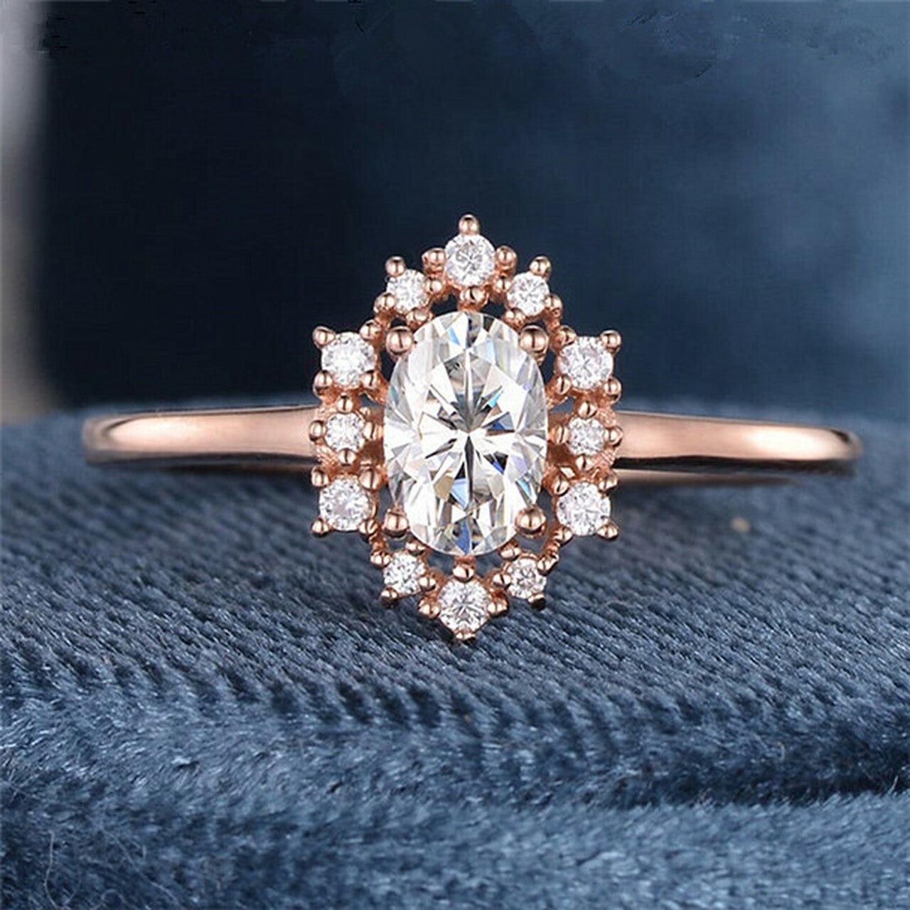 1.0CT Oval Cut Rose Gold Cluster Moissanite  Engagement Ring