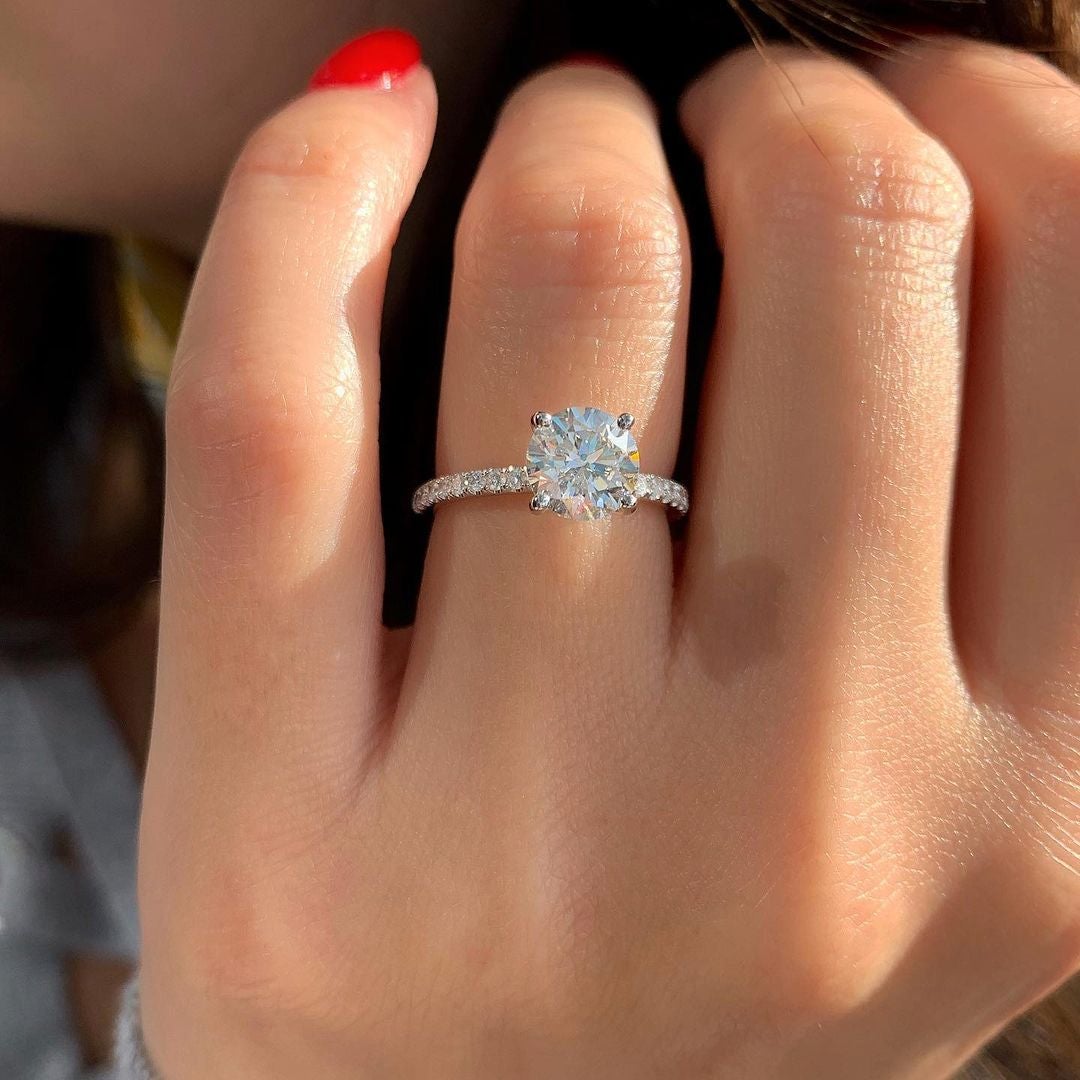 1.0CT Round Pave Moissanite Diamond Hidden Halo Engagement Ring