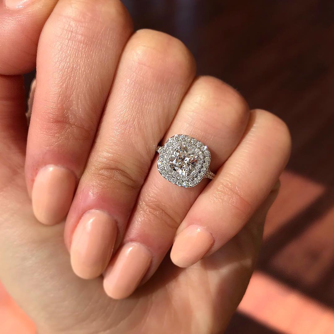 0.95CT Cathedral Set Cushion Moissanite Diamond Double Halo Engagement Ring