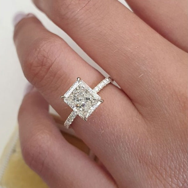 2.0ct Radiant Pave Moissanite Diamond Hidden Halo Engagement Ring In 14K Solid Gold