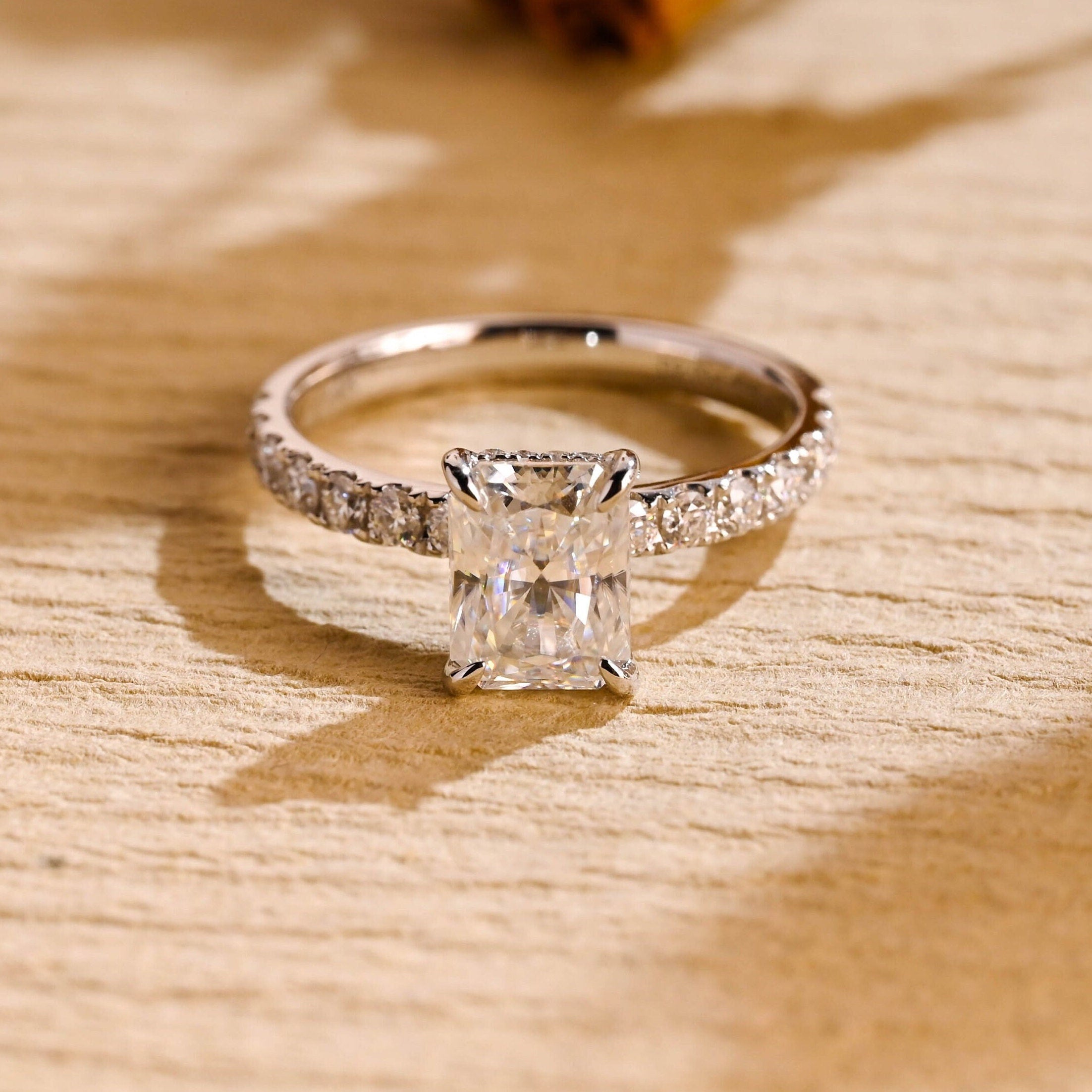 radiant cut pavé moissanite engagement ring