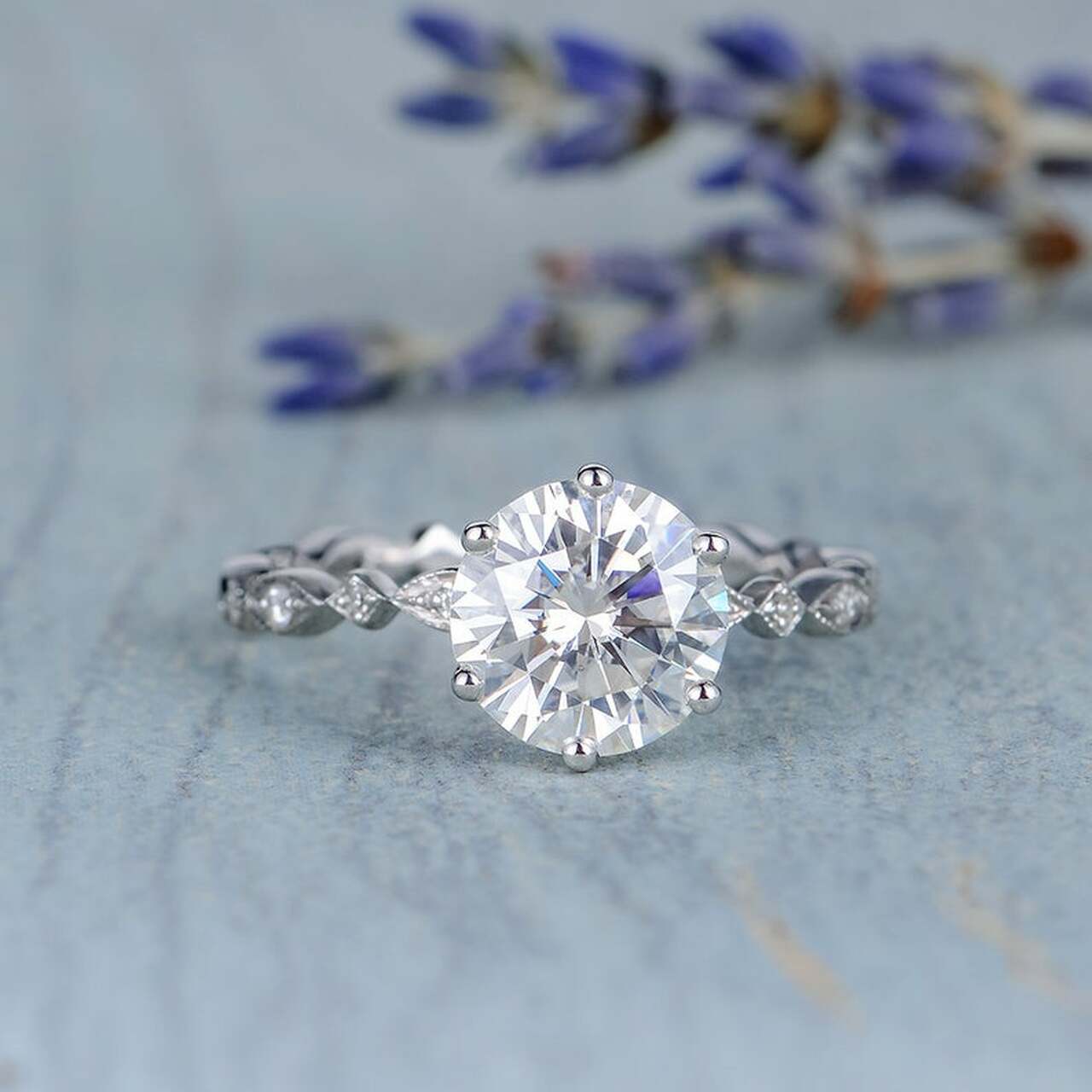 2.0CT Round Vintage Pave Moissanite Diamond Six Prong Engagement Ring for Women