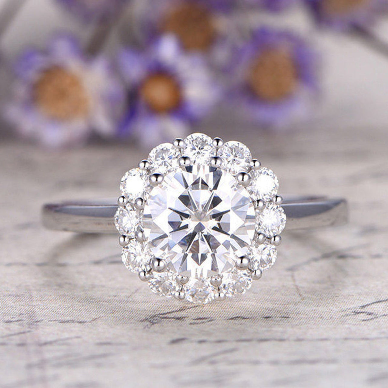 1.25CT Round Floral Halo Moissanite Diamond Engagement Ring For Women