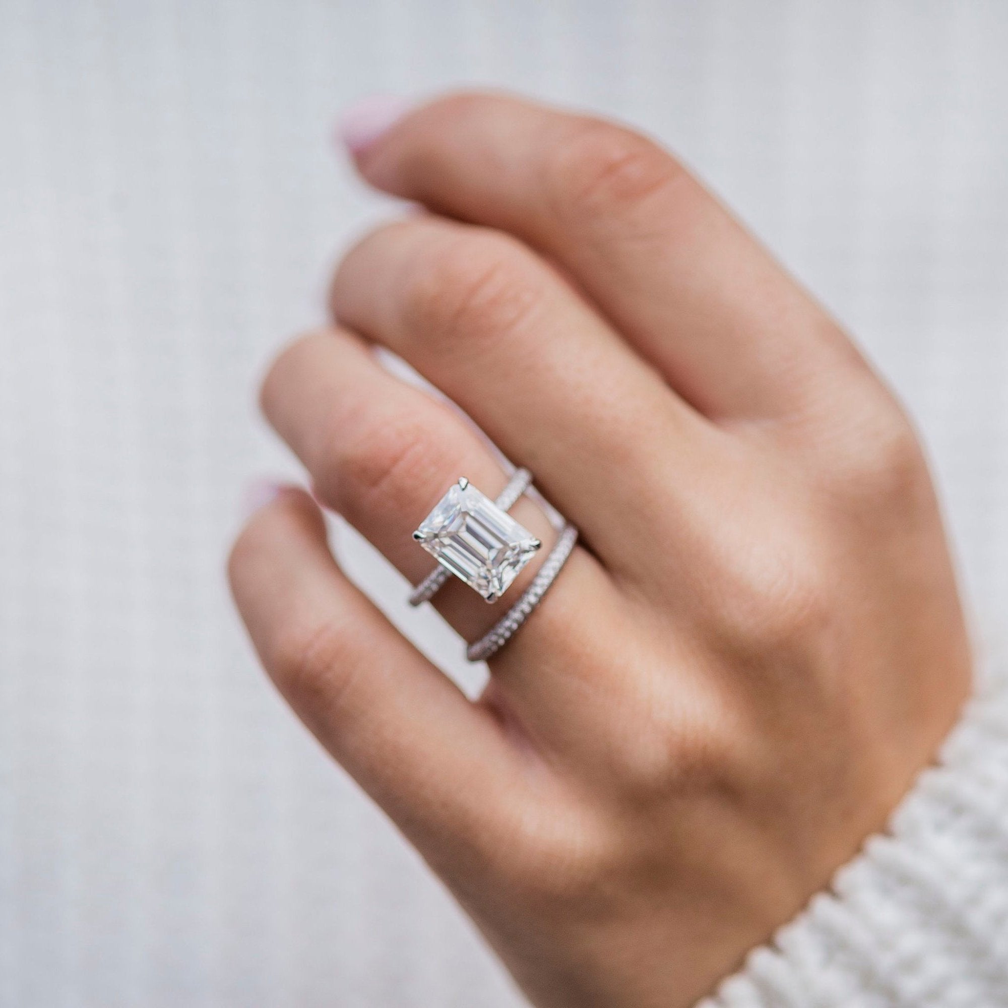 4.30CT Emerald Cut Hidden Halo Moissanite Engagement Ring