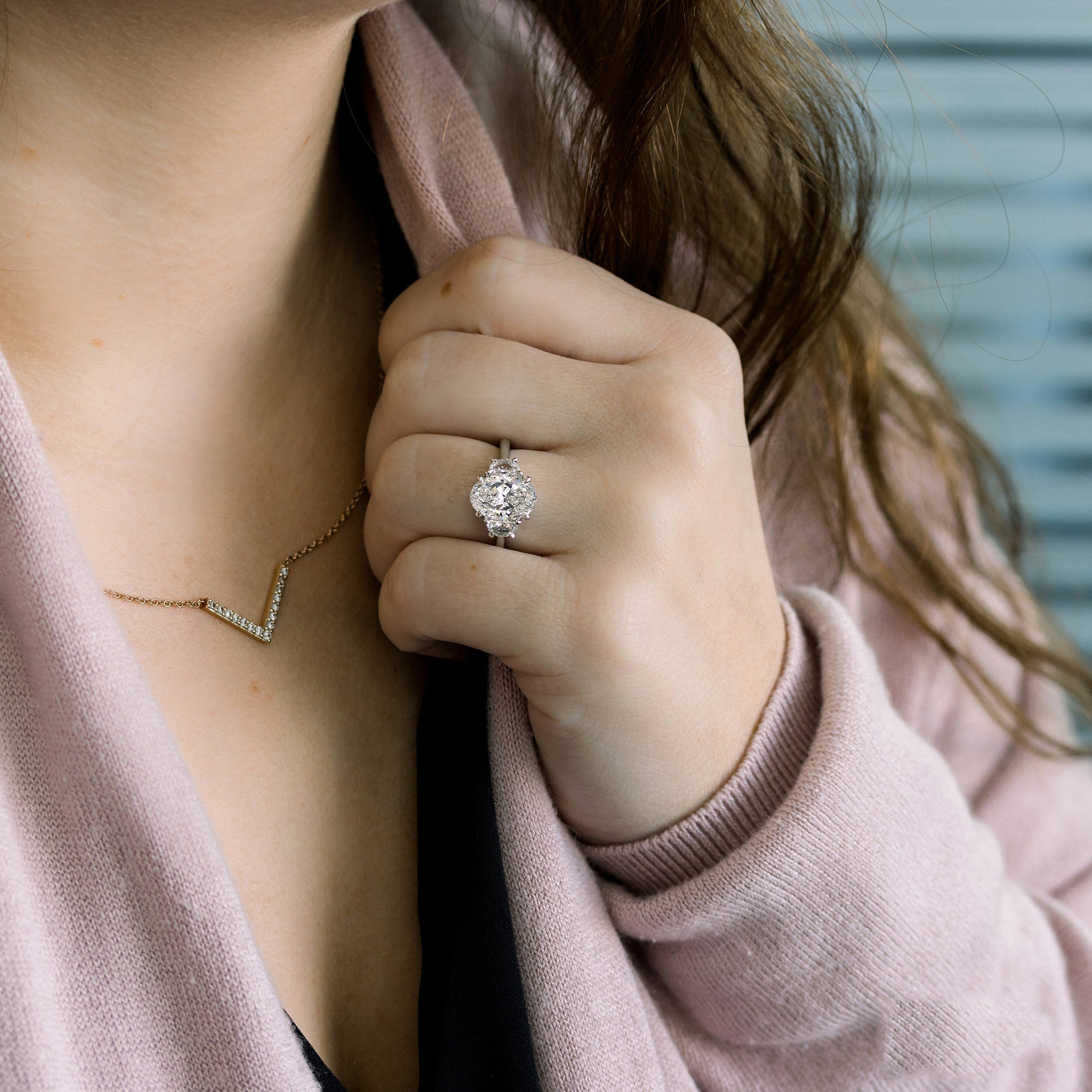 2.25CT Cathedral Set Oval Moissanite Diamond Three Stone Engagement Ring In 18K Solid Gold