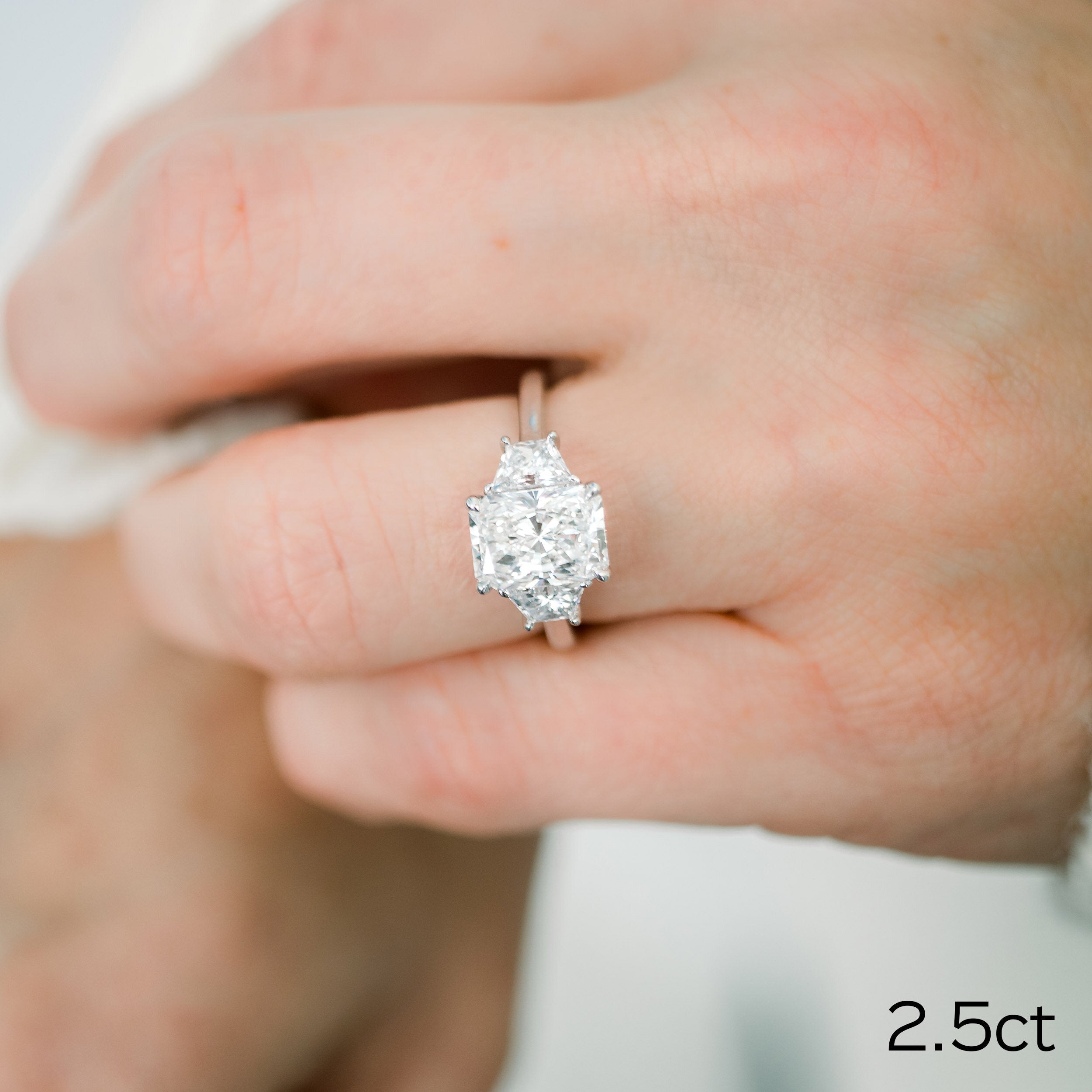 2.50CT Cathedral Set Radiant Moissanite Diamond Thre Stone Engagement Ring In 18K White Gold