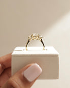 moissanite three stone ring for her, symbolic three stone ring, past present future ring, elegant round moissanite ring