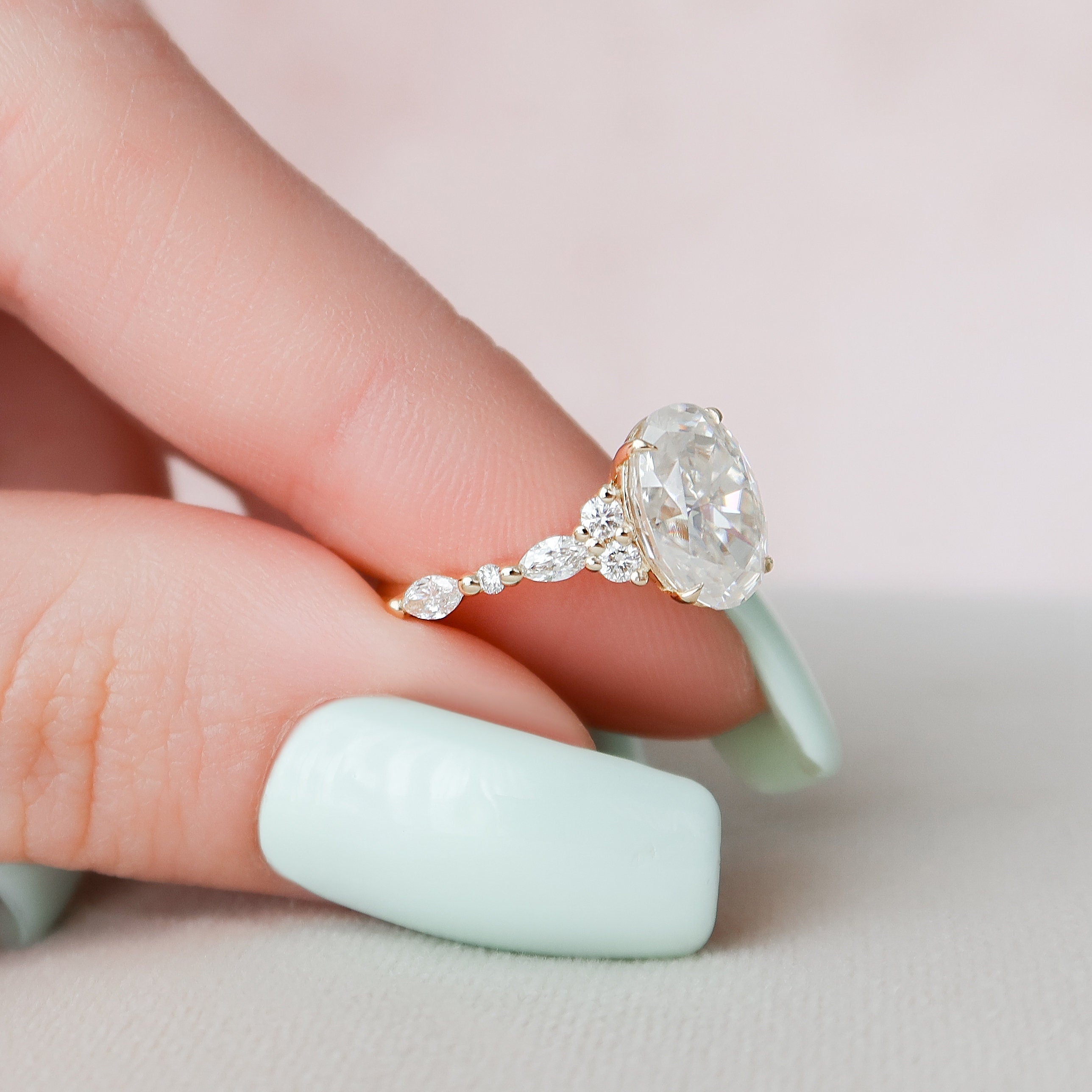 Oval Cut Moissanite Ring with Cluster Setting